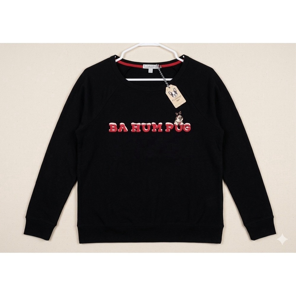 P.J. Salvage Black Long Sleeve Graphic Pug Embroidered Sweatshirt XL Holiday